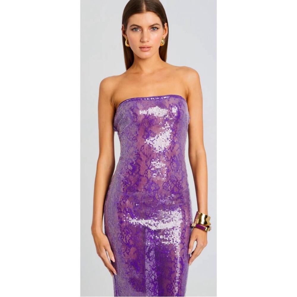 RETROFETE Lucia Sequin Strapless Bodycon Lace Sheer Purple Maxi Dress Size XXS - Picture 3 of 12